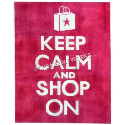 white words Keep Calm and Shop On on pink background