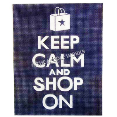 white words Keep Calm and Shop On on blue background