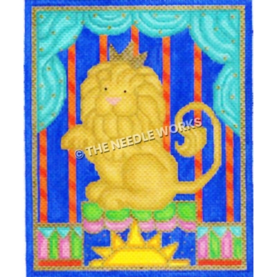 circus lion sitting on pedestal with blue and red background