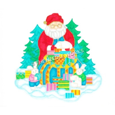 Santa in snow with bag of presents and bunnies