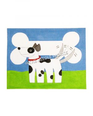 white dog with black spots and oversized bone background