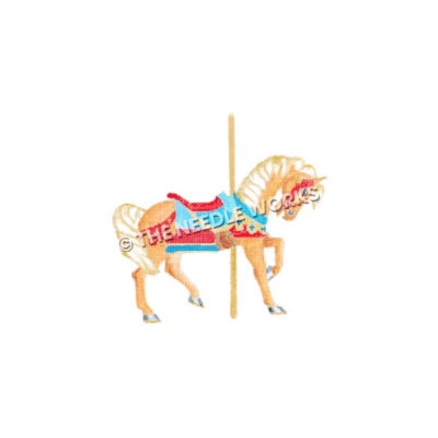 orange carousel horse with blue and red saddle