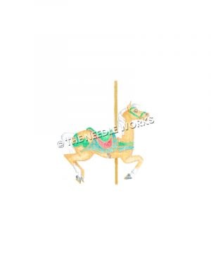 light brown carousel horse with green and red saddle