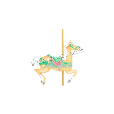 light brown carousel horse with green and red saddle