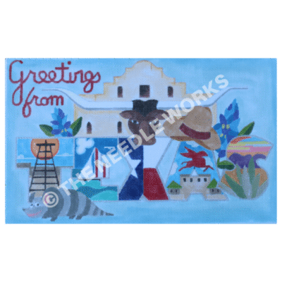 Texas icons including Alamo, longhorn, cowboy hat, and Greeting from Texas filled with colorful landscapes