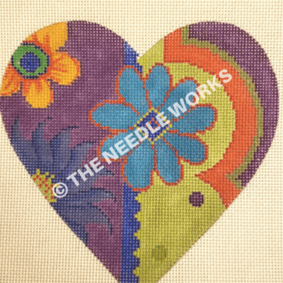purple and green heart with orange, purple, blue flowers
