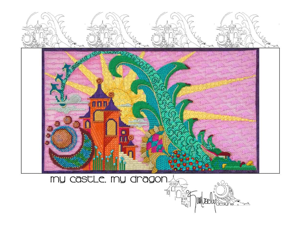 green dragon flying over orange and purple castle with yellow sun and blue, green and red moon on pink background