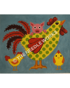 yellow rooster with green dots and pig peeking over side with two yellow chicks