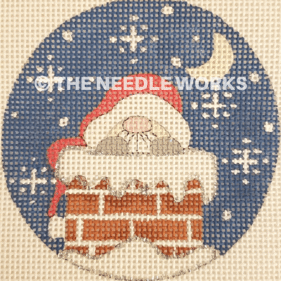 round blue ornament with Santa gnome peeking out of chimney