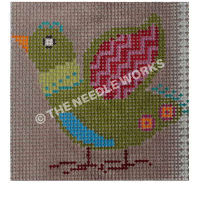 green bird with pink and purple wings and blue belly with lime green neck on gray background