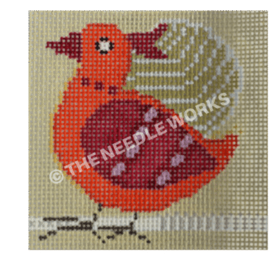 red bird with purple and pink wings on dark green background with silver circle with green stripes