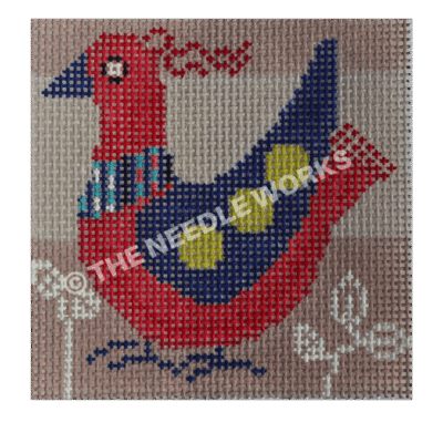 pink bird with purple leaves and green polka dots on gray striped background with silver flowers