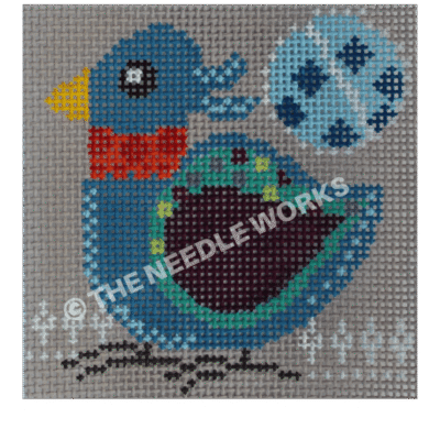 blue bird with green and dark blue wing and red neck on gray background with blue circle with dark blue dots in sky