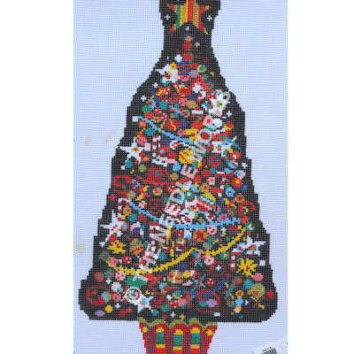 Christmas tree decorated with many colorful tiny ornaments and multi-colored striped star