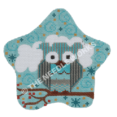blue star ornament with owl sitting on branch with red and yellow flowers and white cloud