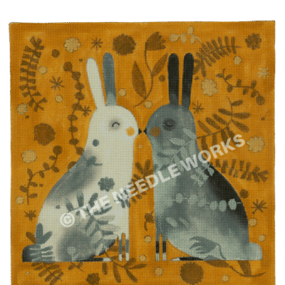 two bunnies in white and gray kissing on yellow background with flowers, branches and star shapes