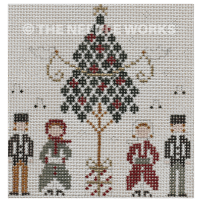 carolers standing next to tall Christmas tree with white doves holding gold banner
