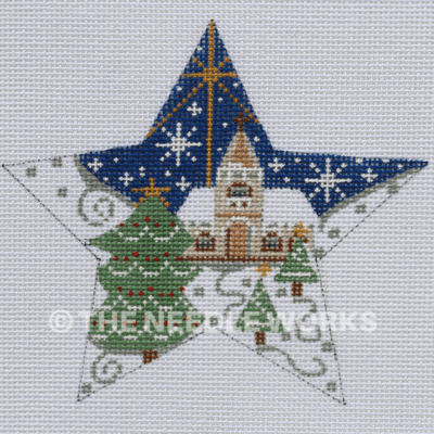 star with church in snowscape and Christmas tree with star of Bethlehem
