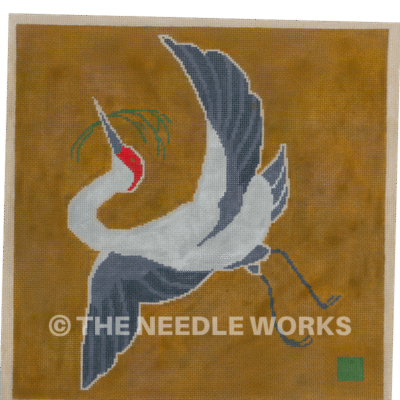 silver crane with dark blue wings flying with grass in beak on brown background