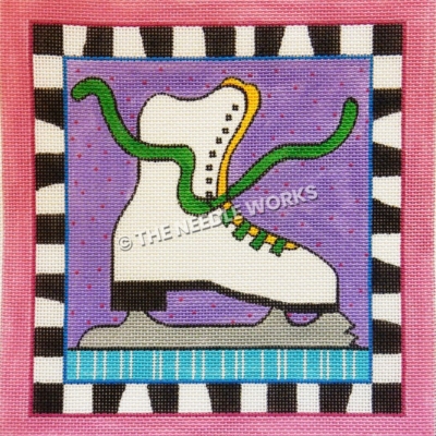 ice skate with green shoelaces on purple square background with zebra border and pink border
