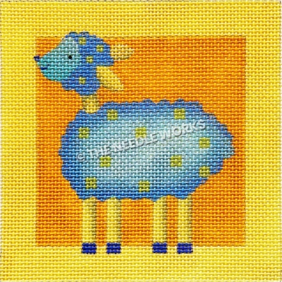 yellow and orange square with blue lamb and yellow legs with yellow dots