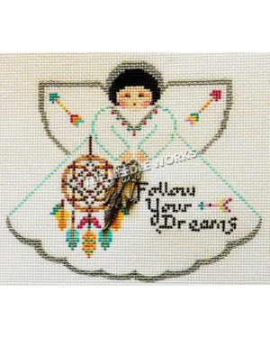 black haired angel in white dress with colorful dreamcatcher holding metal feathers trinket and Follow Your Dreams in black letters