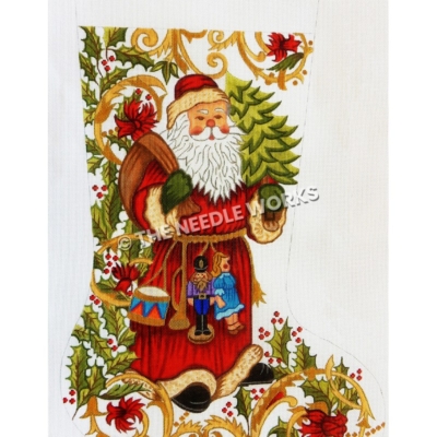 white stocking with Santa carrying bag and tree with drum, trumpet, nutcracker and doll hanging from belt and green holly with gold swirl decorative background