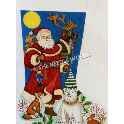 stocking with Santa holding reindeer by leash and fox, polar bear, and rabbit around his feet