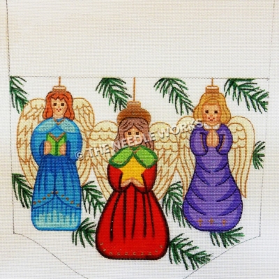 stocking top with three angels in blue, red, and purple dresses carrying book, star and praying hands on white background with pine leaves
