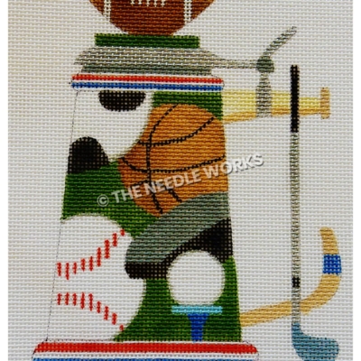 beer stein with different sports balls and golf club handle and football on top