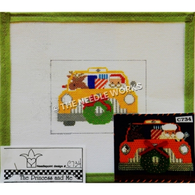 yellow taxi with Santa and Rudolph and gifts with wreath on front bumper