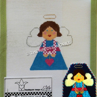 brunette angel in blue dress with pink and white plaid sleeves holding pink heart