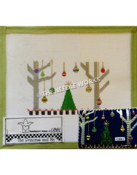 green Christmas tree with two silver trees on each side and long hanging ornaments from silver trees