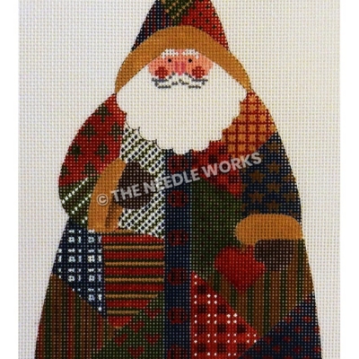 Santa wearing a patchwork suit and hat in red, green, gold, blue and white