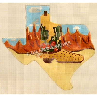 Texas shape with desert landscape and brown boot with cactus pattern