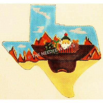 Texas shape with desert landscape and cowboy hat upside down with Santa, tree and gifts inside