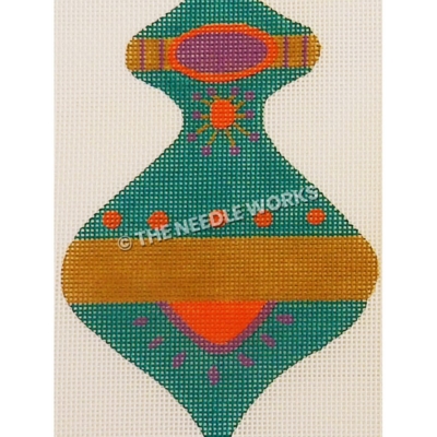 teal lamp shaped ornament with brown bands and purple and orange decorations