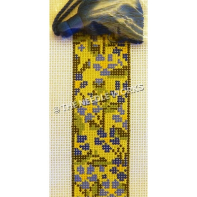 yellow bookmark with blue flowers and blue tassel