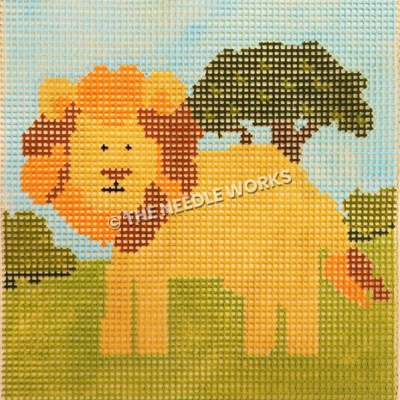 friendly lion on landscape with green grass, tree, and blue sky square