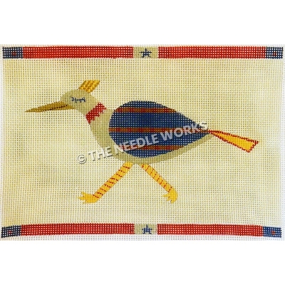 white roadrunner with blue and red striped wing running on white background with red, blue and white border with stars at center and corners