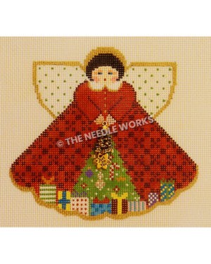 black haired angel in red dress with Christmas tree and presents at bottom and center of dress holding gold trinkets with tree and snowflake with "just for you" written