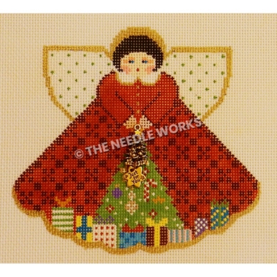 black haired angel in red dress with Christmas tree and presents at bottom and center of dress holding gold trinkets with tree and snowflake with "just for you" written