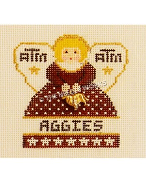 blonde angel in maroon and white dress with ATM on wings and Aggies on border at bottom holding gold collie trinket