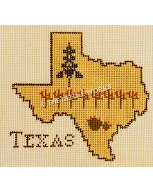 shape of Texas filled in yellow with bluebonnet and cactus and Texas written outside the state