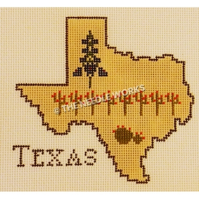 shape of Texas filled in yellow with bluebonnet and cactus and Texas written outside the state