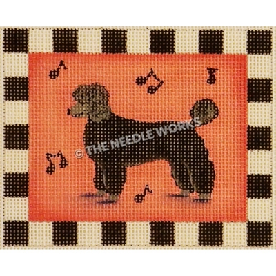 black poodle on pink rectangle with black music notes and black and white square border