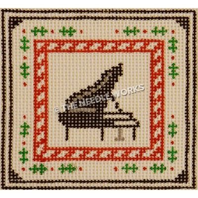 grand piano with red and white candy cane border and holly leaves border