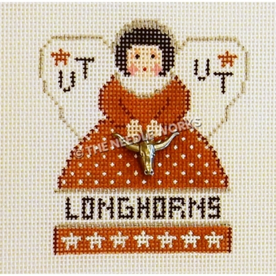 black haired angel wearing burnt orange dress and UT with orange star on wings and Longhorns at bottom of dress holding metal longhorn trinket