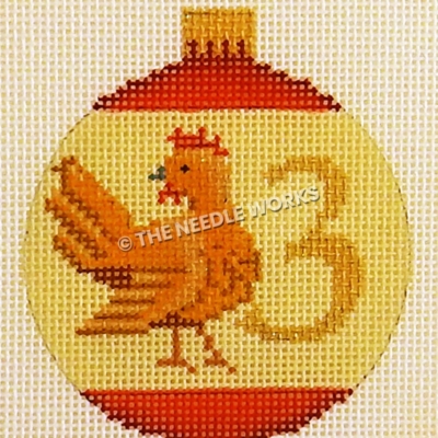yellow and red ornament with French hen and number 3 in gold