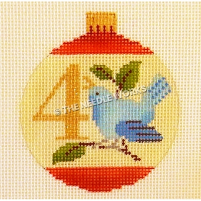 yellow and red ornament with blue bird calling on branch and number 4 in gold